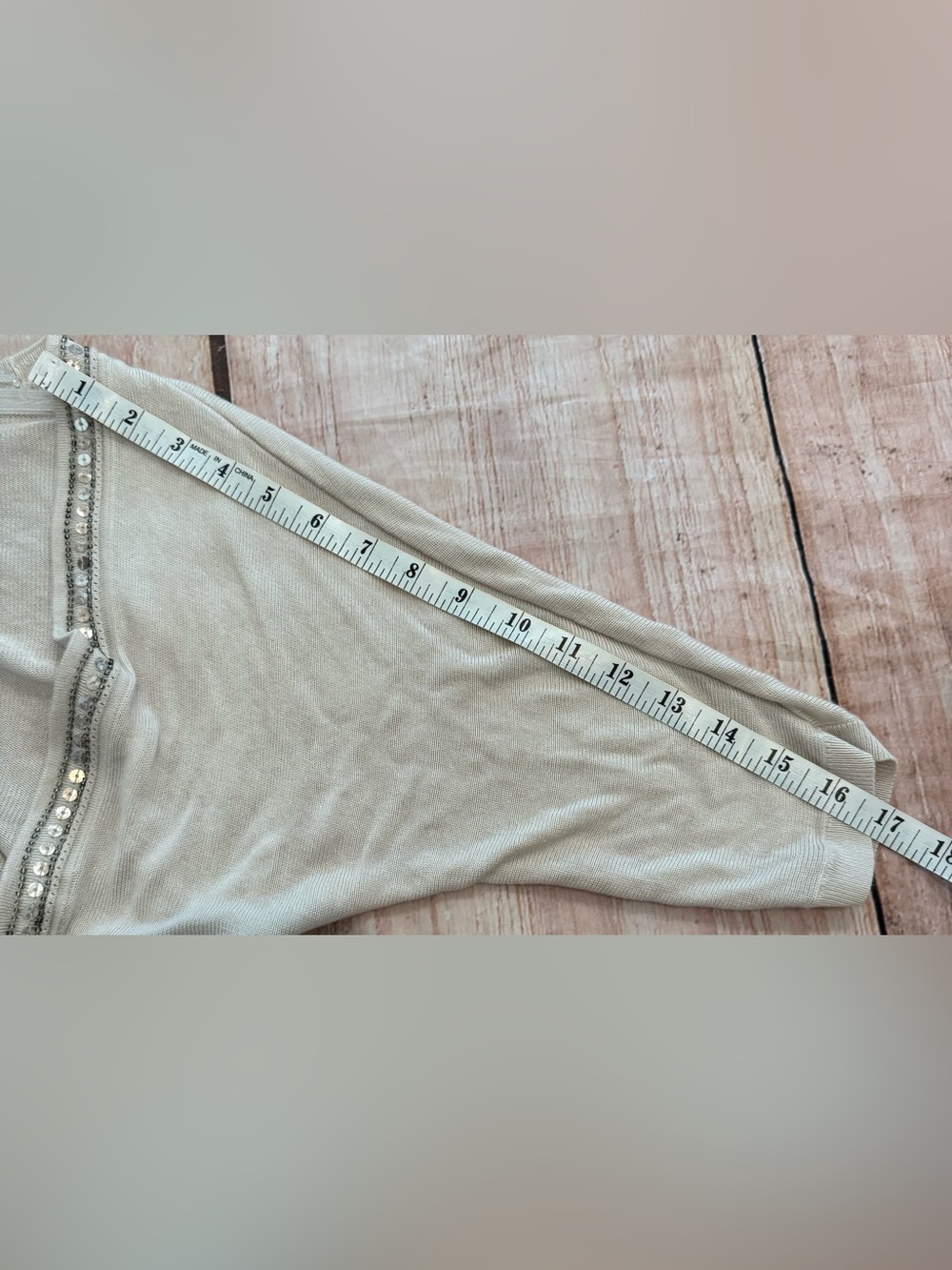 White House Black Market Beige Cropped Shrug Beaded Sequence Size Large - Picture 6 of 8